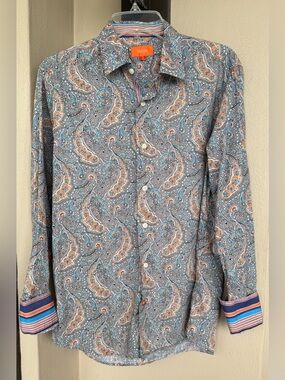 Tallia Long Sleeve Dress Shirt Cotton Paisley Grey/Orange/Blue/White Medium-15.5